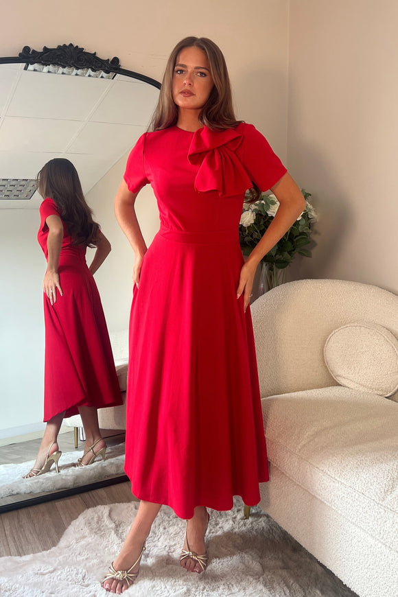 Minta Bow Detail Short Sleeve Midi Dress Red