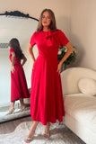 Minta Bow Detail Short Sleeve Midi Dress Red