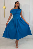 Betty Asymmetric Neckline Skater Midi Dress Teal