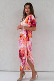 Drew Puff Sleeve Wrap Front Midi Dress Floral Print Pink