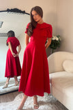 Minta Bow Detail Short Sleeve Midi Dress Red