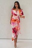 Drew Puff Sleeve Wrap Front Midi Dress Floral Print Pink