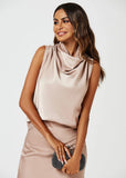 Light Brown/Champagne Satin Cowl Neck Top
