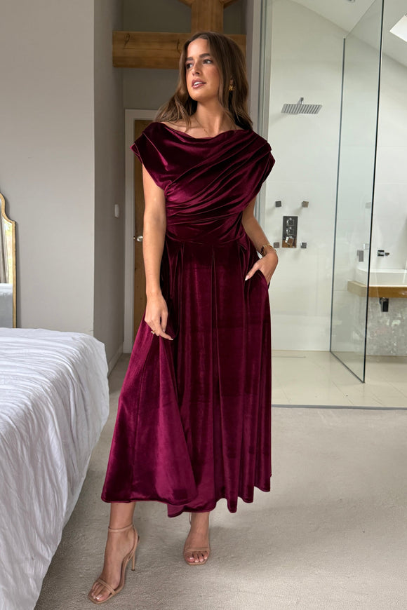 Betty Asymmetric Neckline Skater Midi Berry Velvet