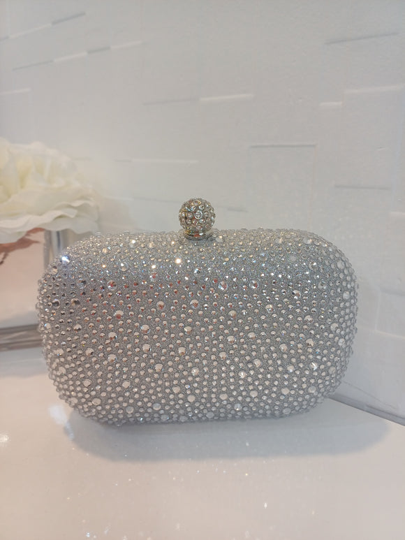 SILVER DIAMANTE EMBELLISHED CLUTCH BAG