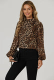 Leopard Print Foil Long Sleeve High  Neck Top in Brown
