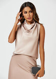 Light Brown/Champagne Satin Cowl Neck Top