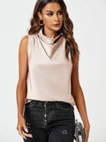 Satin High Neck Sleeveless Blouse in Light Brown
