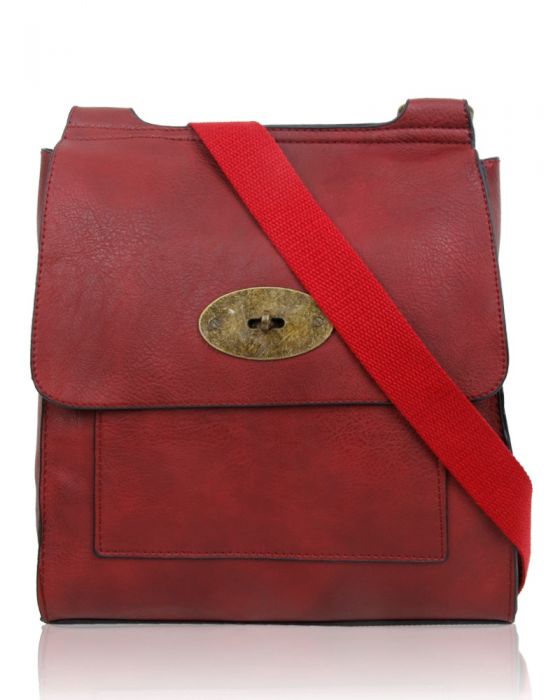 Burgundy Flap Over Messenger Bag With Metal Clasp