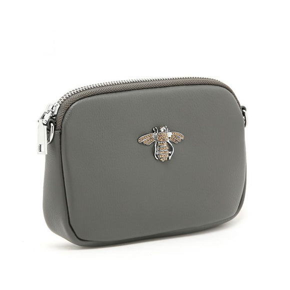 Crystal Bee dark grey leather pouch