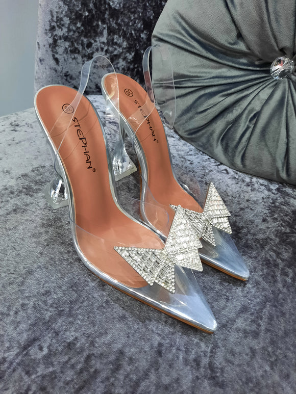 Silver embellished bow court heels
