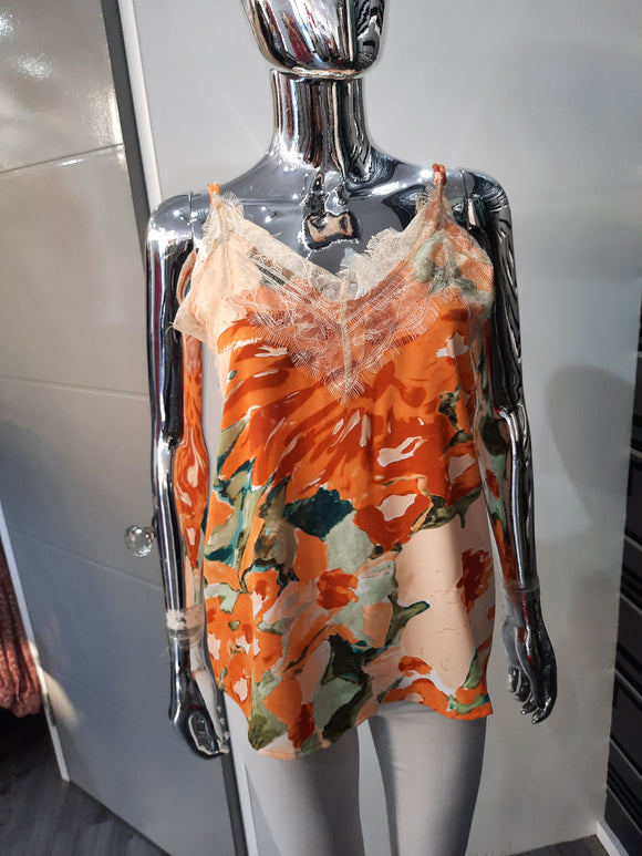 Orange printed lace vest cami top