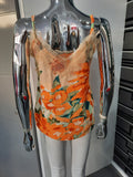 Orange printed lace vest cami top