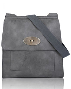 Dark Grey Flap Over Messenger Bag With Metal Clasp