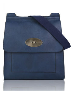 Navy Flap Over Messenger Bag With Metal Clasp