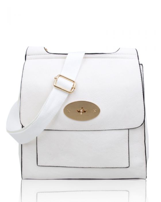 White Flap Over Messenger Bag With Metal Clasp